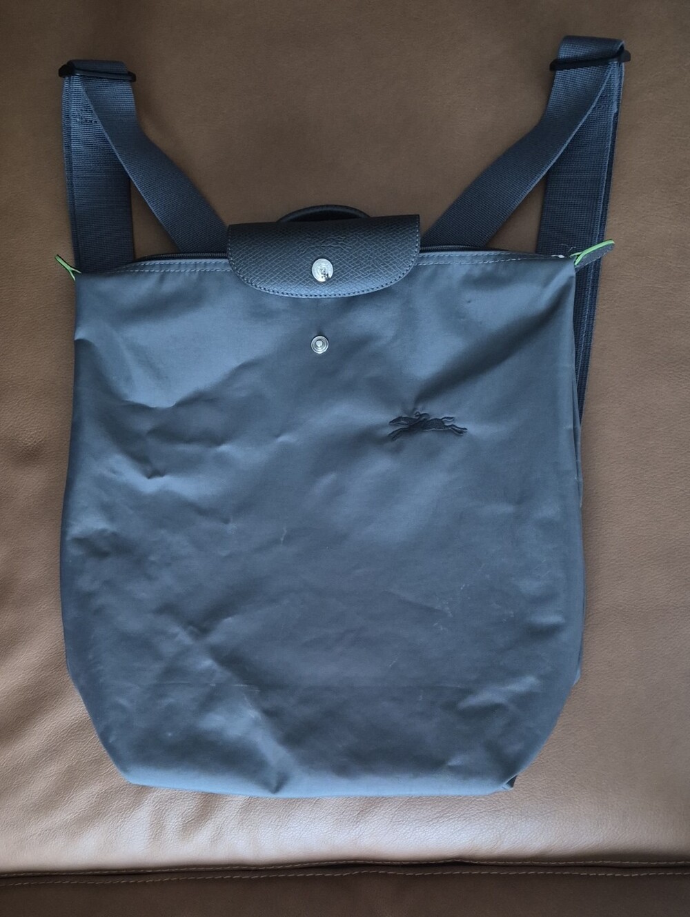 Longchamp Anthracite Nylon Backpack with Green Trim